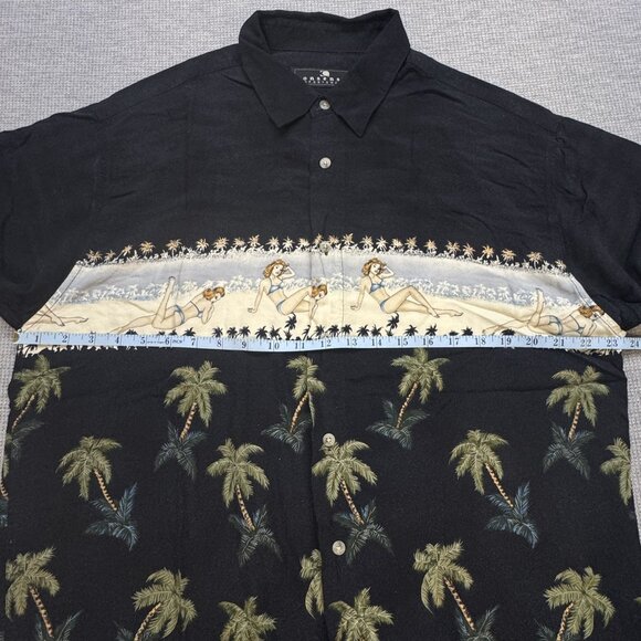 Vintage Consensus Sportswear Hawaiian Shirt Size L Black Palm Tree Pin-Up Girl - Picture 9 of 13